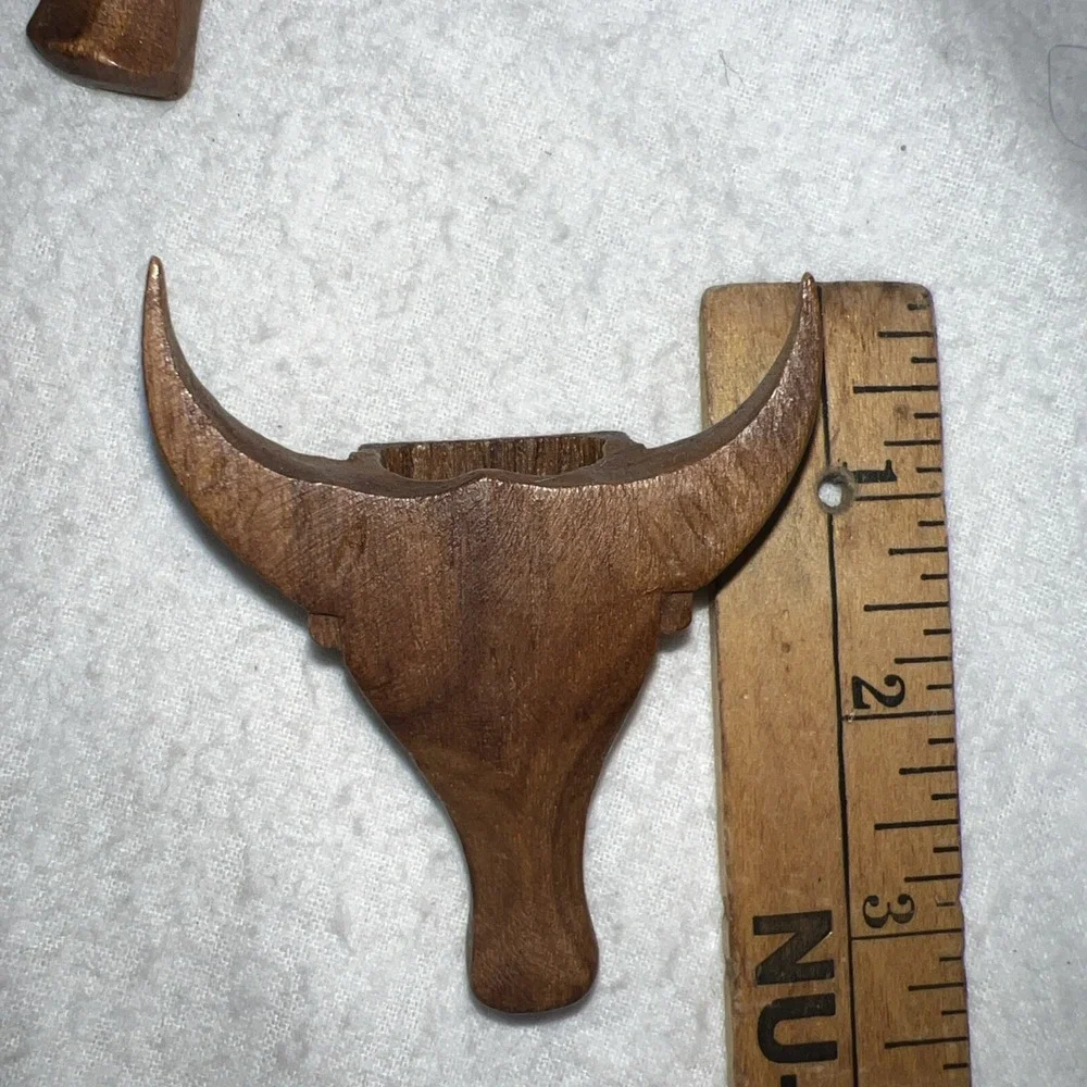 Vintage Hand Carved Wood Bull Steer Head Napkin Rings Western Set of 9 Brown